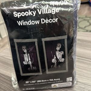 Spooky Village Window Decor 35” x 60” 2 pack skeletons in the window fabric